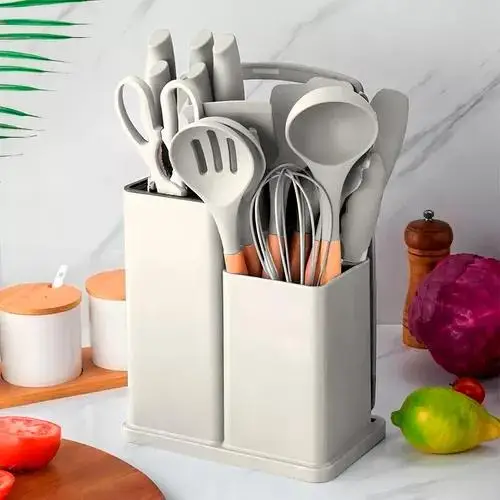 Kit Completo Jogo Utensílios de Cozinha Luxo 19 Peças Com Tábua em Silicone Espátula Faca Tesoura