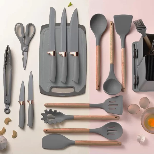 Kit Completo Jogo Utensílios de Cozinha Luxo 19 Peças Com Tábua em Silicone Espátula Faca Tesoura - Image 2