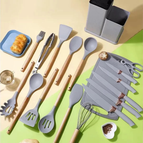 Kit Completo Jogo Utensílios de Cozinha Luxo 19 Peças Com Tábua em Silicone Espátula Faca Tesoura - Image 4