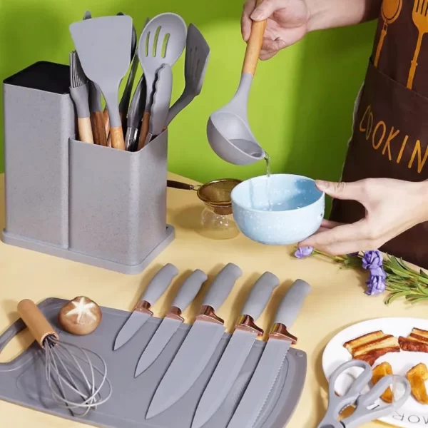 Kit Completo Jogo Utensílios de Cozinha Luxo 19 Peças Com Tábua em Silicone Espátula Faca Tesoura - Image 5