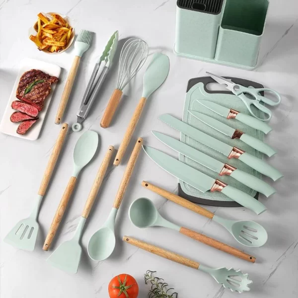 Kit Completo Jogo Utensílios de Cozinha Luxo 19 Peças Com Tábua em Silicone Espátula Faca Tesoura - Image 3